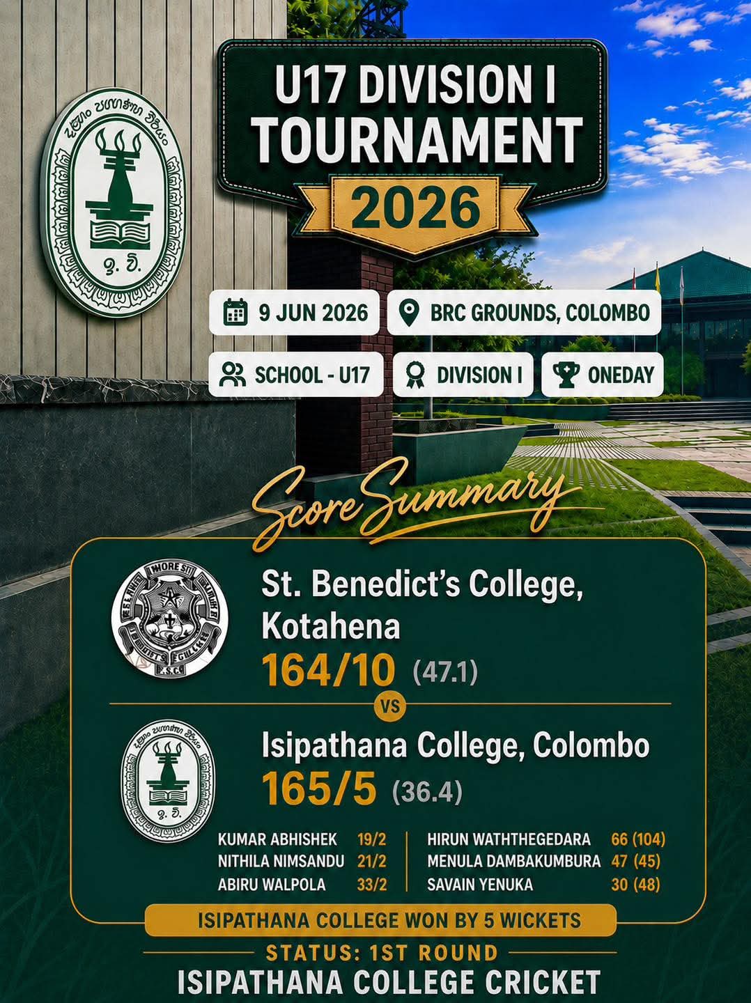 Isipathana College U17s Secure Impressive 5 Wicket Victory in Division I Tournament Opener